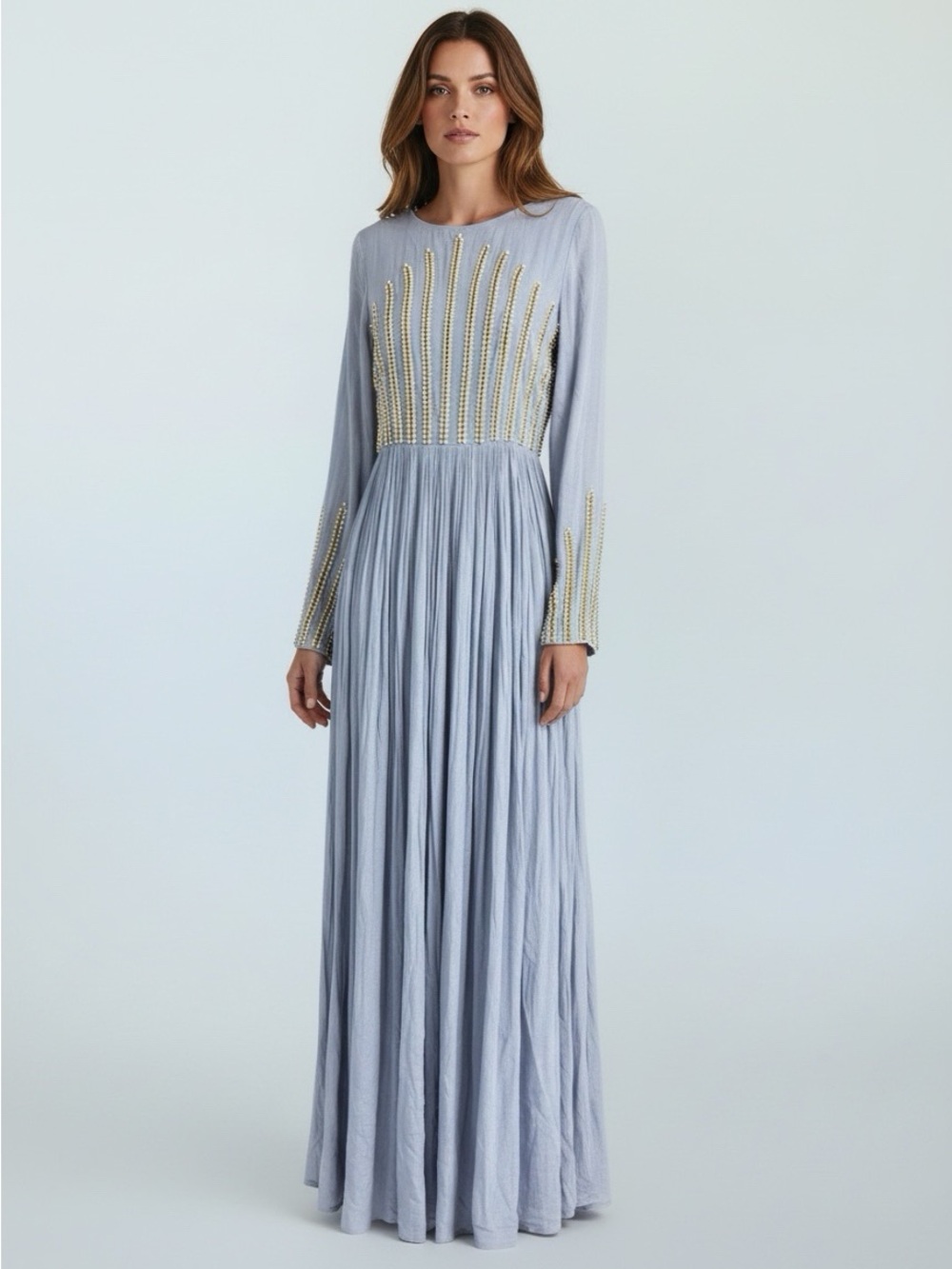 Blue Gold Embellished Maxi Dress Long Sleeve Wedding Guest Dress S